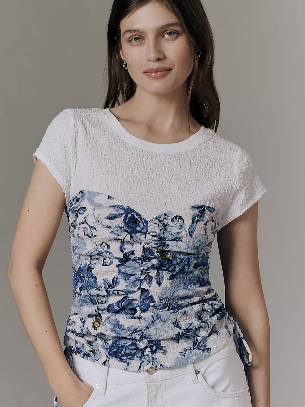 Anthropologie Maeve Ruched Corset Short-Sleeve Top in Blue Floral